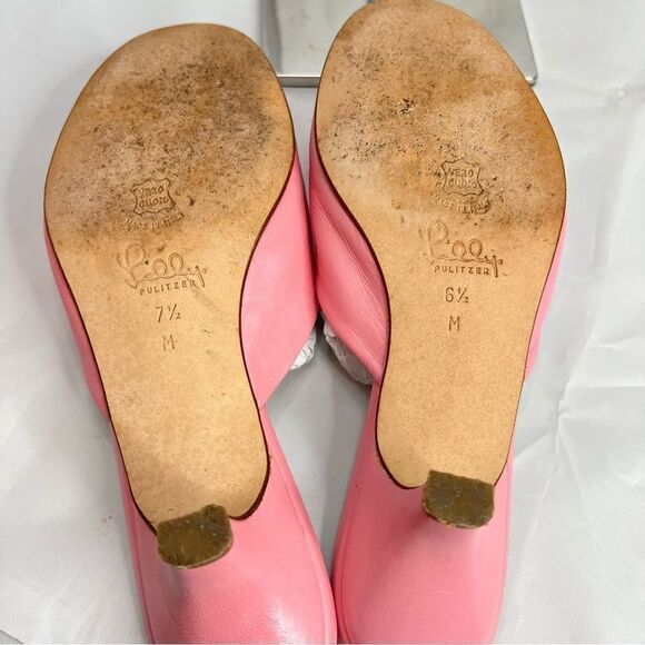 Lilly Pulitzer Women's Napa Sandals Slides Hibiscus Pink Leather Bow Kitten Heel - Picture 9 of 9